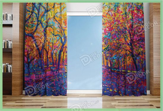 پرده پانچ منظره کد M-170 یک طراحی هنری از منظره پاییزی با درختانی تنومند و برگ هایی به رنگ های مختلف شاد و زیبا