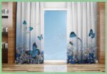 پرده پانچ چاپی اتاق سفید آبی پروانه و گل M-66