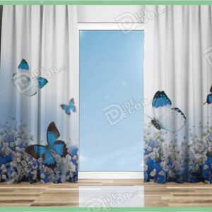 پرده پانچ چاپی اتاق سفید آبی پروانه و گل M-66