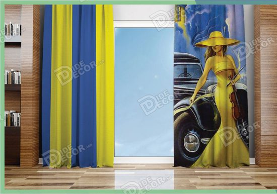 پرده پانچ چهره کد M-93 به رنگ زرد و آبی و طرح زنی با لباس زرد می باشد. این مدل مناسب اتاق خواب دخترانه و سالن زیبایی بانوان