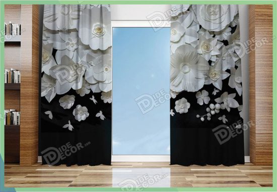 پرده پانچ گل دار کد M-94 به رنگ مشکی بوده و شامل گلهای کاغذی سفید است , این مدل شیک برای سالن پذیرایی و اتاق خواب