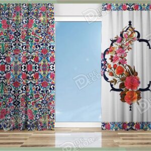 پرده پانچ کلاسیک کد P-02 دارای طرح سنتی با گل های صورتی و زمینه سفید