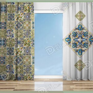 پرده پانچ کلاسیک کد P-04 دارای طرحی سنتی به رنگهای آبی و سبز و زمینه سفید