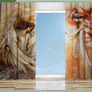 پرده پانچ نقاشی مینیاتور استاد محمود فرشچیان رنگ کرم و نارنجی دو زن سفیدپوش بالدار