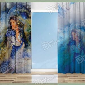 پرده پانچ نقاشی رنگ آبی تصویر اثر مینیاتور استاد محمود فرشچیان یک زن و کره زمین