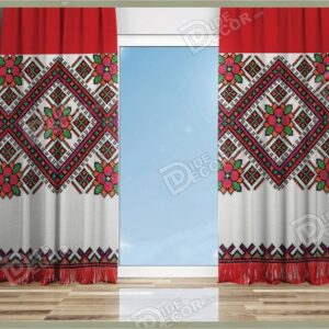 پرده پانچ کلاسیک کد P-24 دارای طرحی سنتی مربعی شکل به رنگ قرمز و زمینه سفید