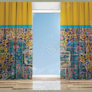 پرده پانچ کلاسیک کد P-30 دارای طرح آبی رنگ و خردلی