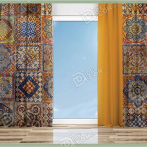 پرده پانچ کلاسیک کد P-35 با طرح دایره و مربع و رنگ خردلی