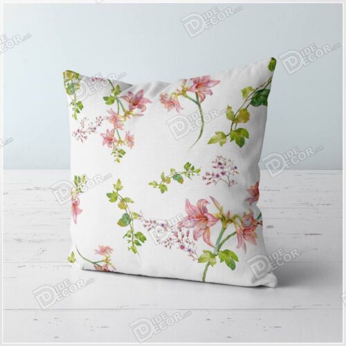 کوسن گل دار چاپی ZFP-65 گل شیپوری صورتی و سرخابی و با شاخ و برگ سبز رنگ