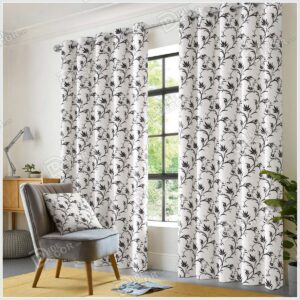 پرده پانچ گلدار طرح گل و گیاه مارپیچ سیاه و سفید PFP-04