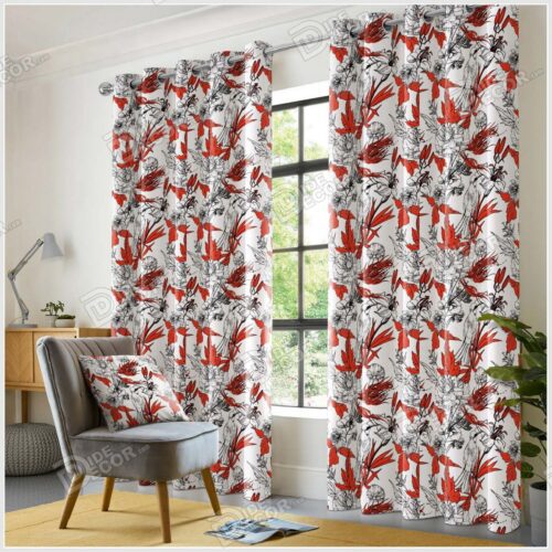 پرده پانچ گل قرمز پرنده سفید PFP-17 پرده پانچ گل قرمز پرنده سفید PFP-17