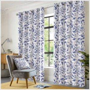 پرده پانچ طرح شاخه و برگ رنگ سفید آبی سرمه ای PFP-44