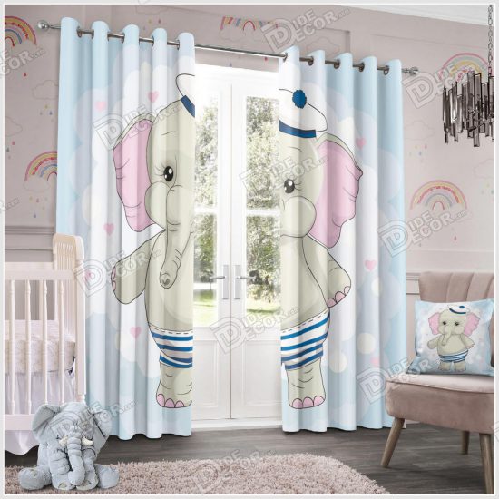 پرده پانچ اتاق کودک کد PKP-28 پسرانه فوق دارای طرح فیل با لباس و کلاه ملوانی و به رنگ آبی بوده و برای اتاق خواب پسرانه و نوزاد مناسب
