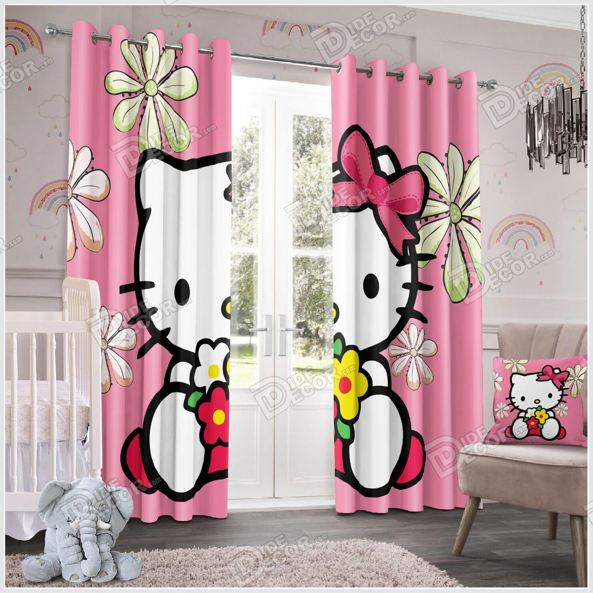 پرده پانچ کودک PKP-37 دخترانه طرح گربه هلو کیتی HELLO KITTY رنگ صورتی