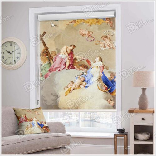 پرده شید نقاشی کد SCP-12 با طرحی از اثر میکل آنژ نقاش قرن شانزده بوده و دارای تصویر چند فرشته بچه و صلیب بر روی ابر است پرده شید نقاشی کد SCP-12 با طرحی از اثر میکل آنژ نقاش قرن شانزده بوده و دارای تصویر چند فرشته بچه و صلیب بر روی ابر است