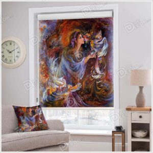 پرده شید نقاشی تصویر مینیاتور محمود فرشچیان دختر با پرنده ی سیمرغ پرندگان SCP-17