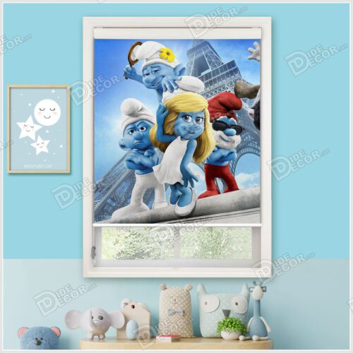 پرده شید کودک کد SKP-20 از شخصیت های کارتونی با بدن آبی رنگ به نام اسمورف ها که در کنار برج ایفل ایستاده اند تولید شده است