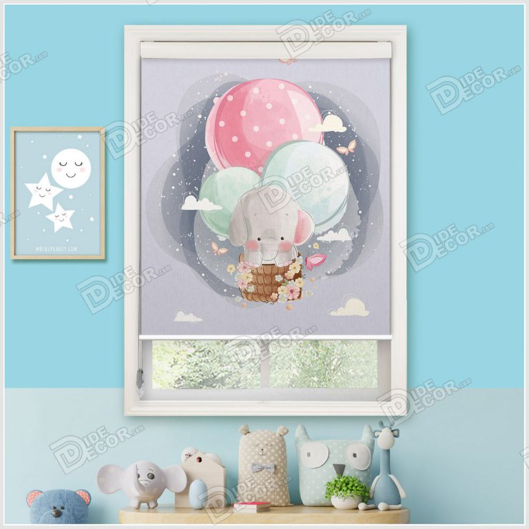 در پرده شید کودک کد SKP-22 به رنگ خاکستری و با تصویری از بچه فیل سوار بر بالون به رنگ صورتی و آبی می باشد