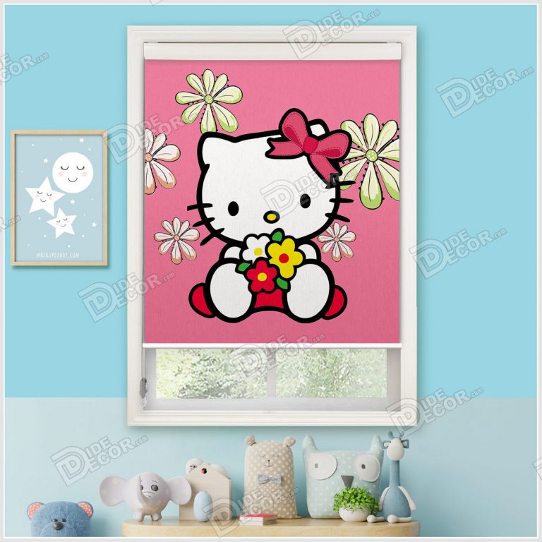 پرده شید کودک کد SKP-28 با تصویر کارتون گربه هلو کیتی hello kitty رنگ صورتی مناسب اتاق خواب دخترانه