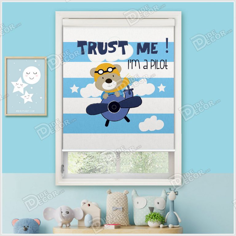 پرده شید کودک کد SKP-30 با تصویری آبی رنگ مناسب اتاق پسر بچه ها بوده و شامل خرس خلبان سوار بر هوایما با نوشته ی im a pilot