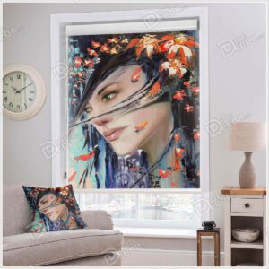 پرده شید نقاشی کد SSP-12 با تصویری از نیم رخ صورت زنی با مو های مشکی بوده که بر روی موهایش گل و برگ های قهوه ای رنگ قرار گرفته است