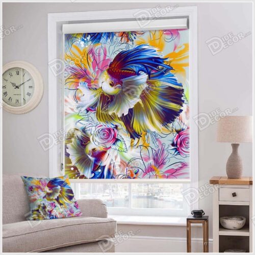 پرده شید تصویری طرح حیوان جانور نقاشی ماهی فایتر به رنگ آبی و بنفش و زرد و گل رز و شیپوری