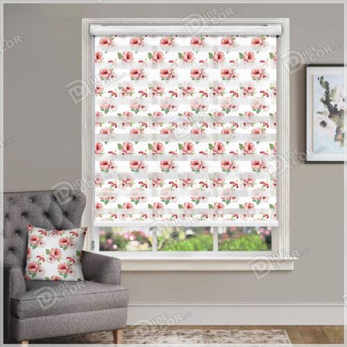 پرده زبرا گلدار تصویری گل پامچال رنگ قرمز و گلبهی و صورتی ZFP-02