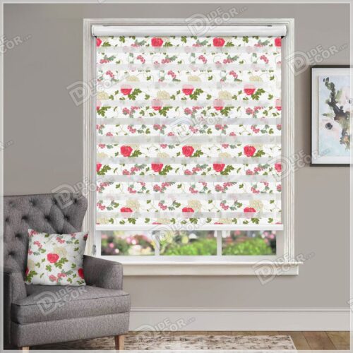 پرده زبرا تصویری گل رز قرمز و کرم رنگ با برگ سبز روشن ZFP-21