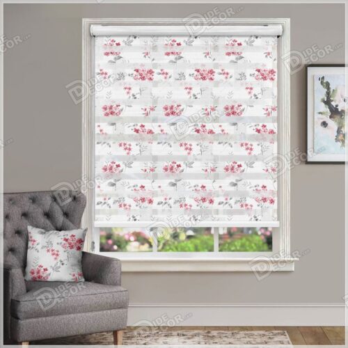 پرده زبرا گل قرمز و شاخه و برگ طوسی ZFP-37