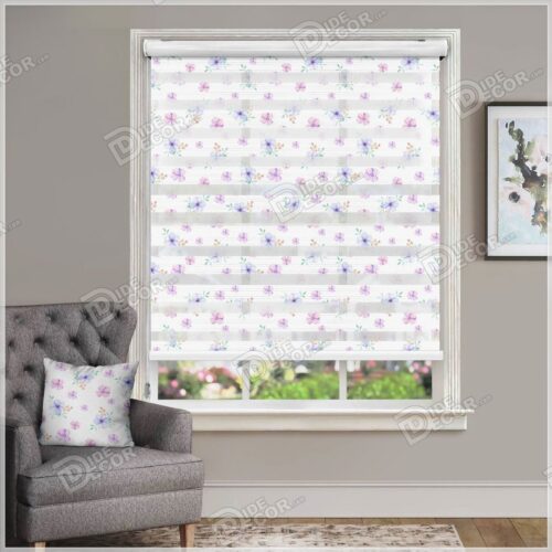 پرده زبرا چاپی گلدار سفید گل صورتی و آبی ZFP-54