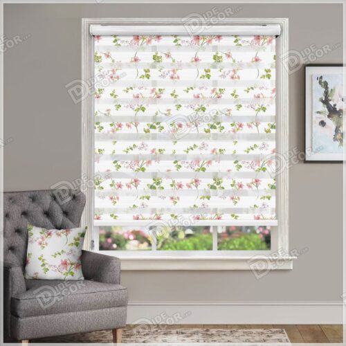 پرده زبرا گل دار چاپی ZFP-65 گل شیپوری صورتی و سرخابی و با شاخ و برگ سبز رنگ