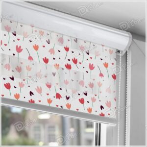 پرده زبرا گل دار چاپی گل لاله و قلب قرمز و صورتی و گلبهی کد ZFP-78