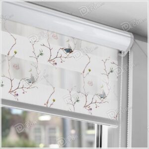 پرده زبرا گل دار کد ZFP-79 شاخه های نازک و ظریف با گل های صورتی و پروانه های آبی رنگ