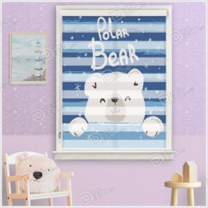 پرده زبرا کودک چاپی پسرانه با کد ZKP-29 و تصویری از خرس قطبی سفید خندان و زمینه عکس آبی رنگ و جمله Polar Bear