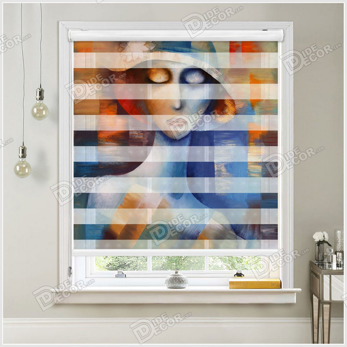 پرده زبرا طرح نقاشی کد ZSP-20 با تصویری از یک زن با چشمان بسته و طرح نقاشی مدرنیته به رنگ آبی و نارنجی