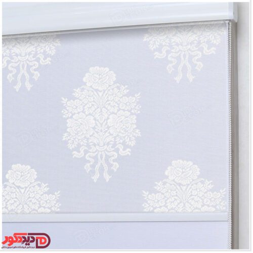 پرده دبل شید راشل طرح لوزی سه گل رز بزرگ کوچک کد 3508-01 رنگ سفید