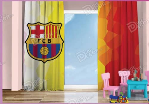 پرده پانچ کودک کد K-117 بهرنگ قرمز و زرد و سفید و با طرح پسرانه تیم فوتبال بارسلونا اسپانیا FC Barcelona