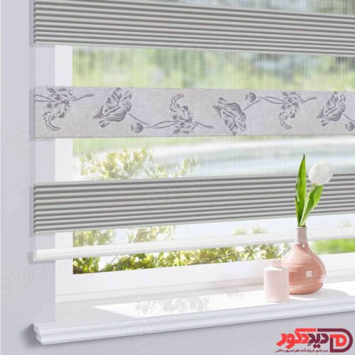 پرده زبرا پلیسه کد 02-980030 طوسی با طرح گل رز پلیسه دار و لمه نقره ای