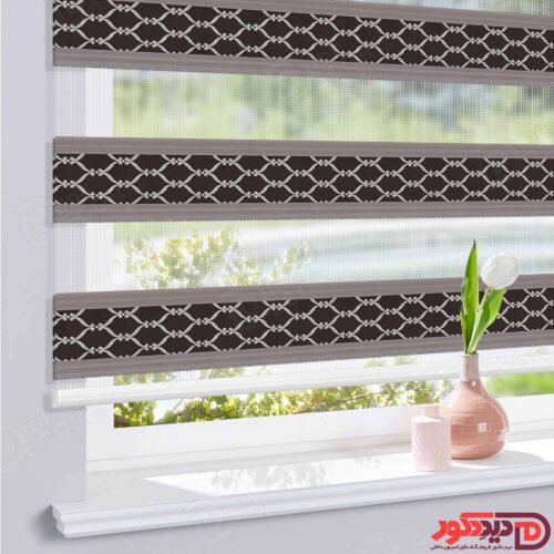 پرده زبرا طرح داماسک خطوط طلایی و زمینه قهوه ای با خط پلیسه دار کرم 02-983956