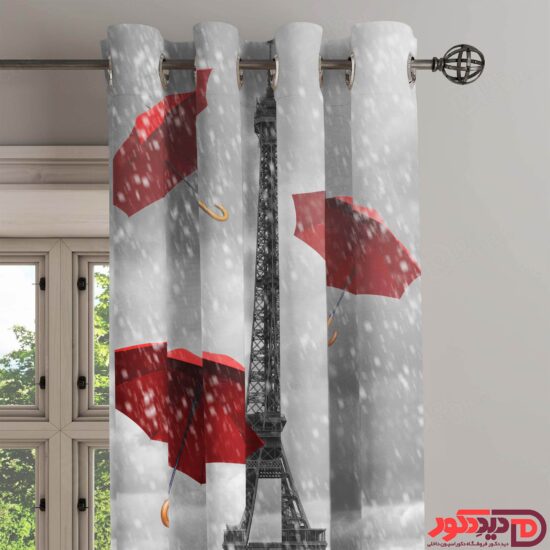 پرده اتاق ساده پانچ برج ایفل پاریس با چتر قرمز M-05-4