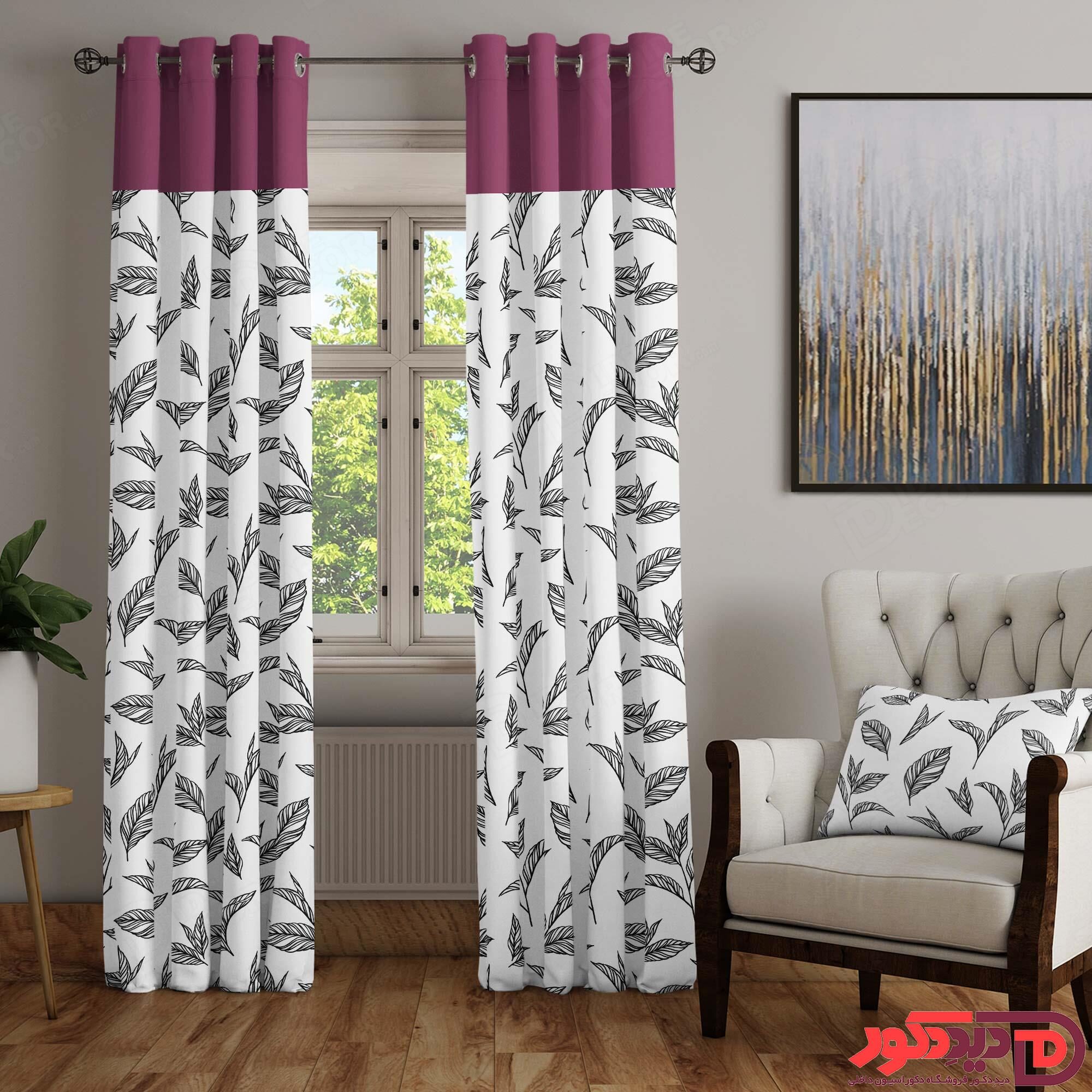 پرده پانچ طرح برگ سیاه سفید بنفش PFP-130-C-1