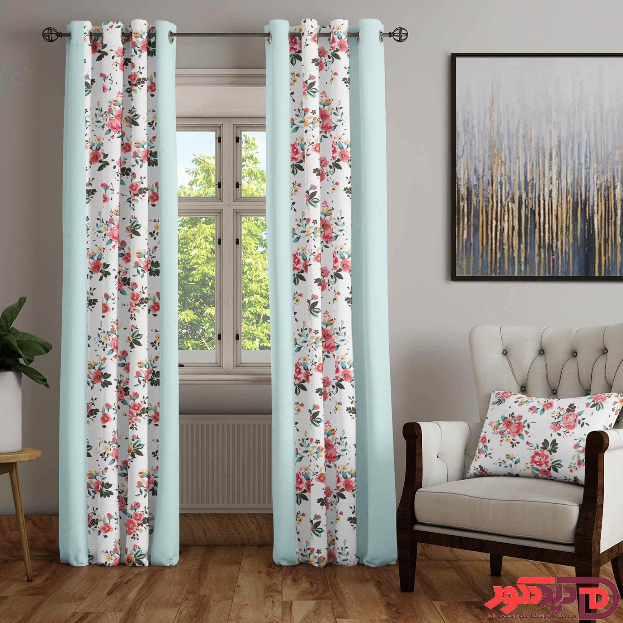 پرده پانچ گل رز قرمز و و سفید و آبی آسمانی PFP-132-A-1
