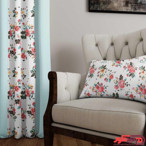 پرده پانچ گل رز قرمز و و سفید و آبی آسمانی PFP-132-A-2