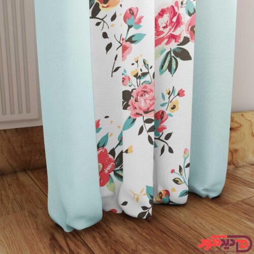 پرده پانچ گل رز قرمز و و سفید و آبی آسمانی PFP-132-A-3