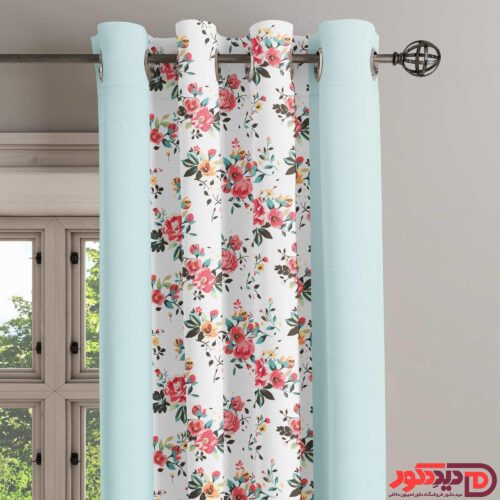 پرده پانچ گل رز قرمز و و سفید و آبی آسمانی PFP-132-A-4