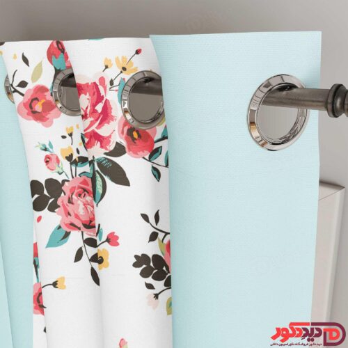 پرده پانچ گل رز قرمز و و سفید و آبی آسمانی PFP-132-A-5