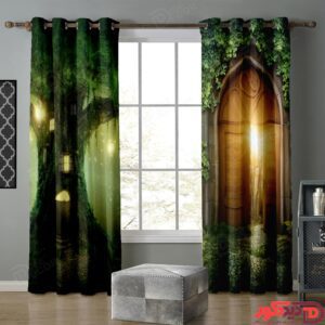 پرده پانچ تصویری خانه درختی سبز رنگ و درب طلایی برای اتاق M-59-1