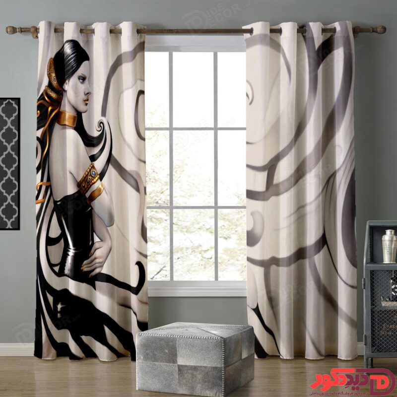 پرده پانچ طوسی چهره نیمرخ زن برای اتاق دخترانه M-86-1