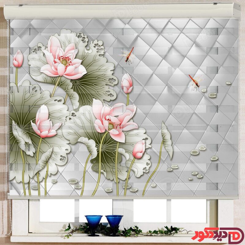 پرده زبرا تصویری کد 3DF-014 عکس گل نیلوفر صورتی در زمینه رنگ طوسی