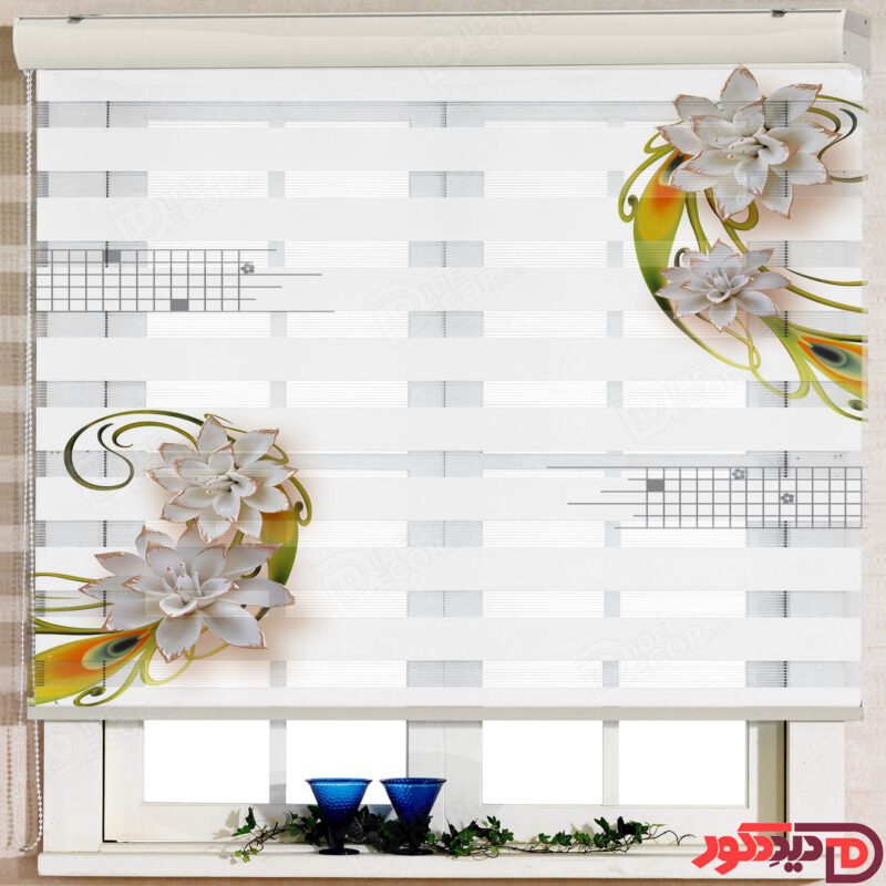 تصویر از روبرو برای پرده زبرا چاپی کد 3DF-018 با چاپ تصویر گل های سفید سه بعدی